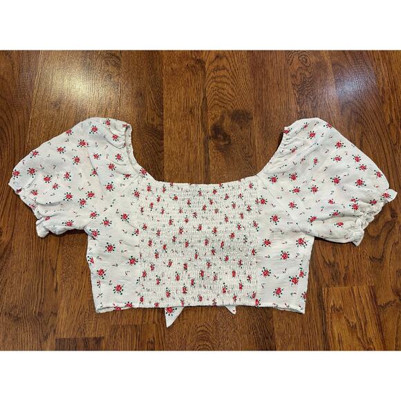 Cider Women's Floral Bubble Sleeve Knot Front Cropped Blouse White Size XL - Picture 4 of 9